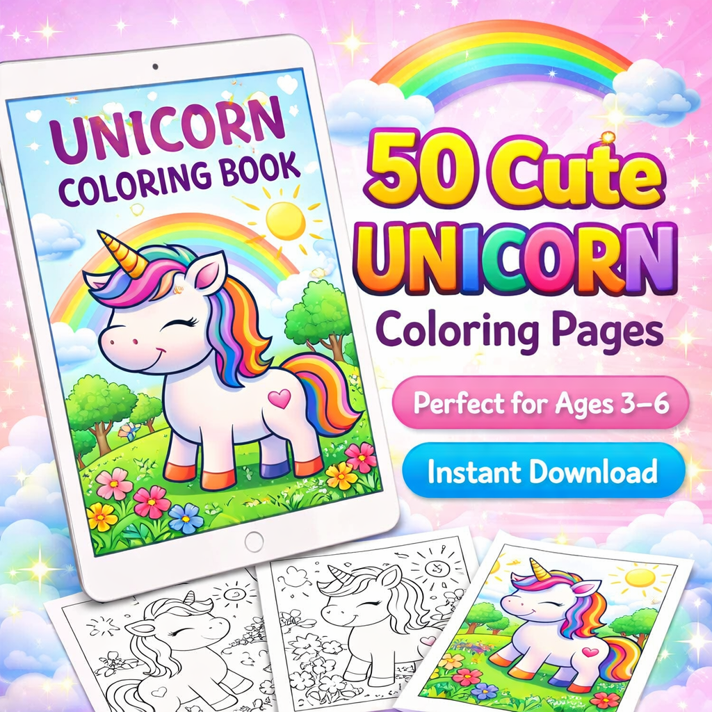 🦄 50 Cute Unicorn Coloring Pages for Kids (Ages 3–6) – Printable PDF